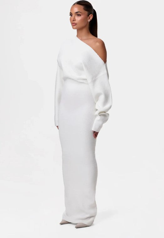 Women's off-shoulder long-sleeve knit maxi dress