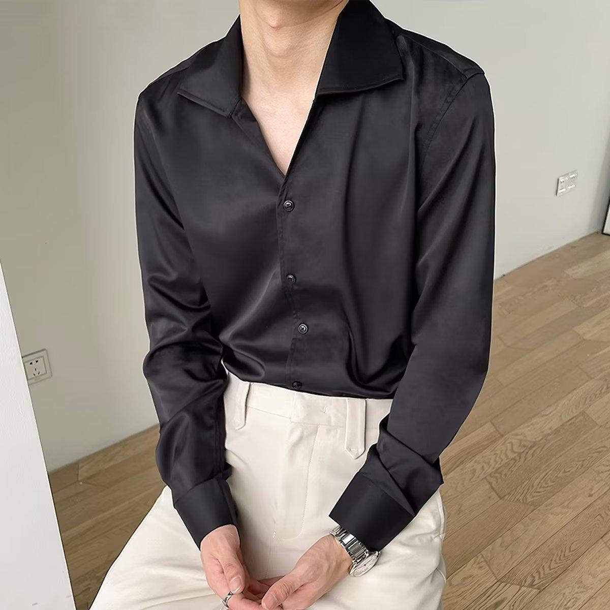 Men's casual button-up shirt, black long sleeves with button front and point collar