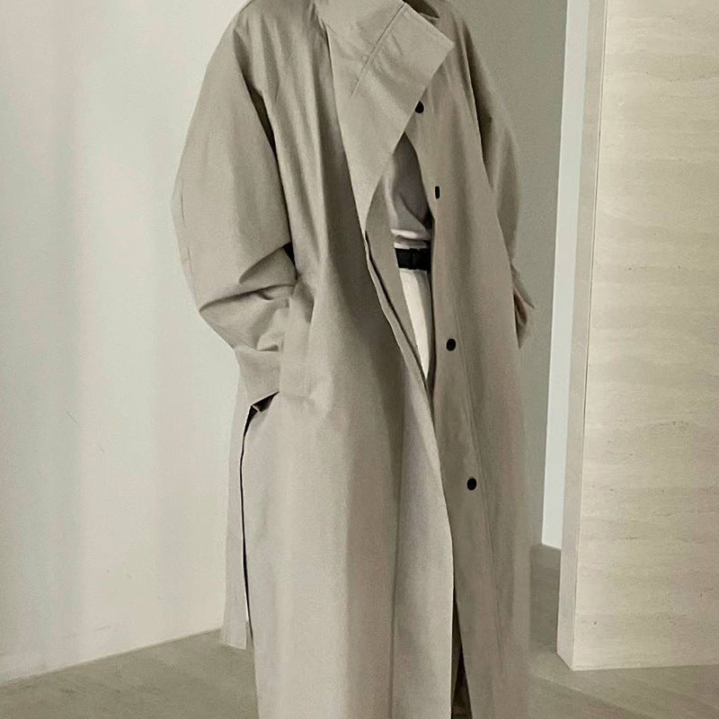 Long Stand-up Collar Tie Trench Coat