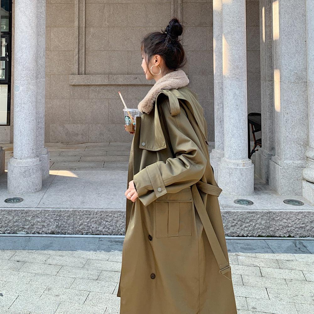 Women’s over-the-knee thick loose khaki coat, faux-fur sherpa collar, belted tie, long sleeves