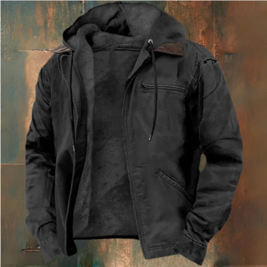 Men's long hooded zip-up pocket coat