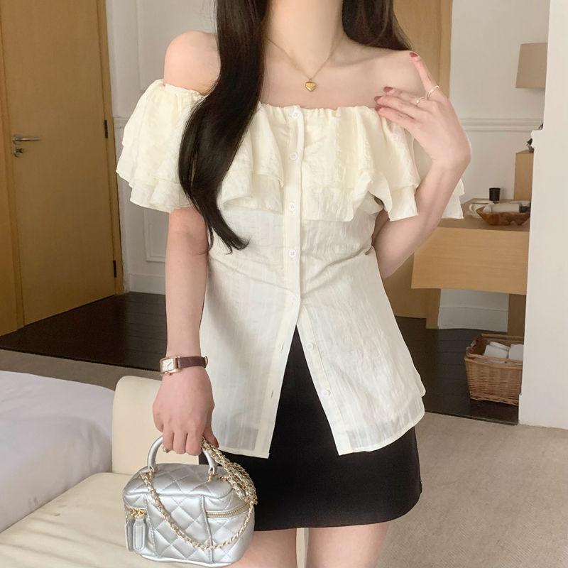 French Style Design Ruffled Off-shoulder Shirt - WOMONA.COM