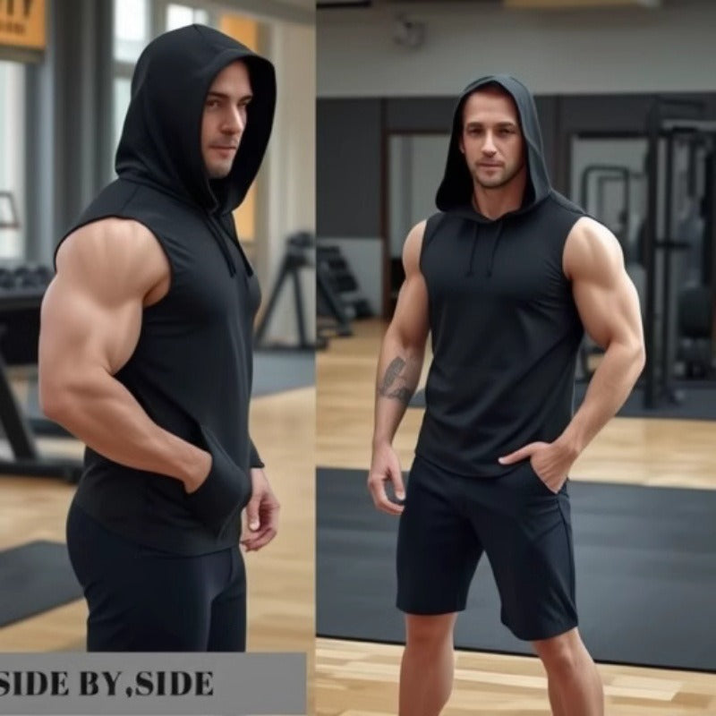 Black sleeveless hooded sweat-wicking vest with front pocket, athletic fit