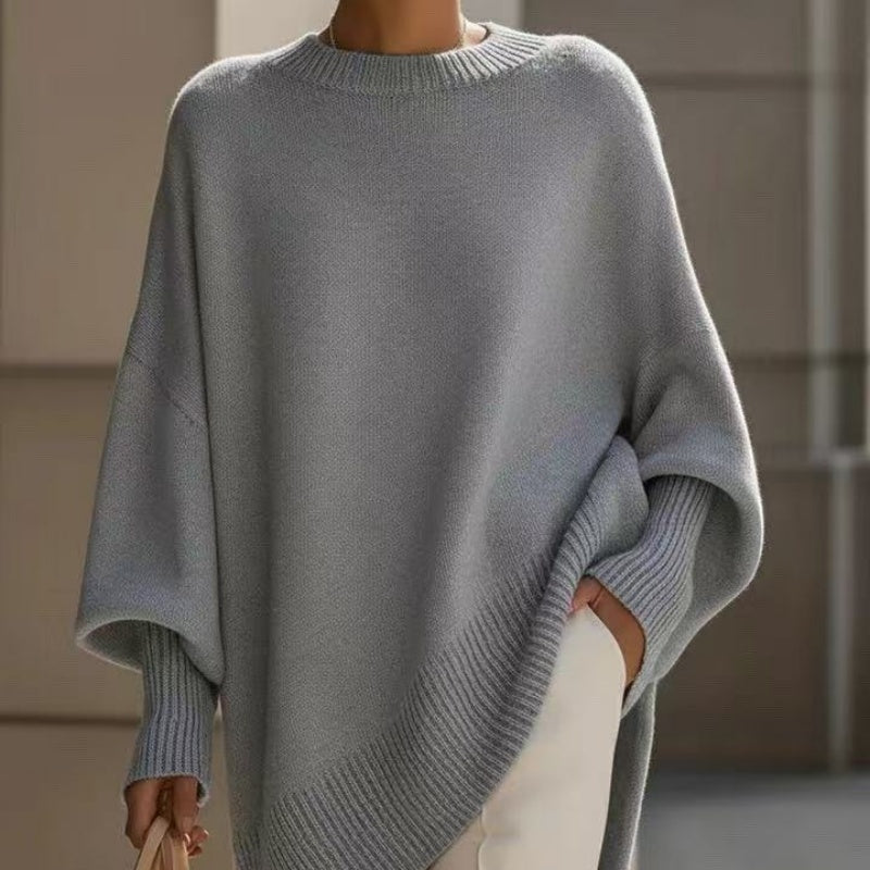 Women’s knit pullover sweater, light gray, relaxed oversized fit and ribbed hem