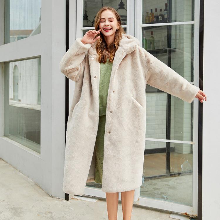 Cream long hooded plush coat with open front and relaxed fit