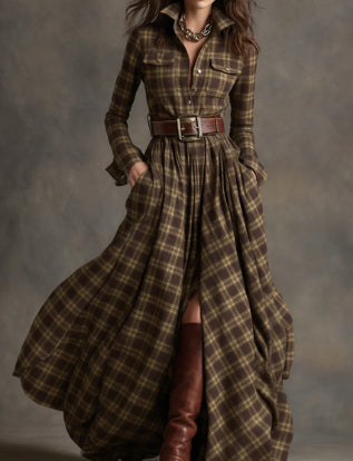 Women's plaid button-front long shirt dress