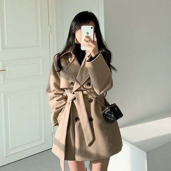 All-match Loose Collar Lace-up Woolen Coat