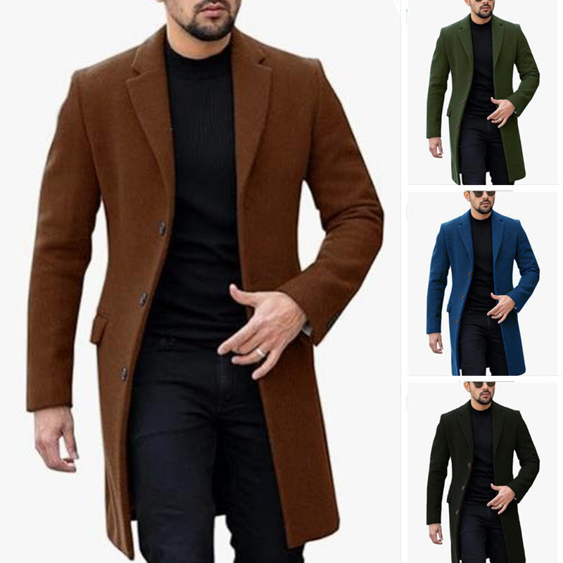 Men's single-breasted wool overcoat, brown, notched lapel, button front.