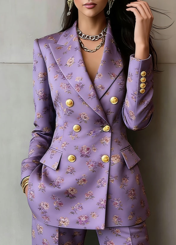 Lavender floral print double-breasted blazer suit with gold button details