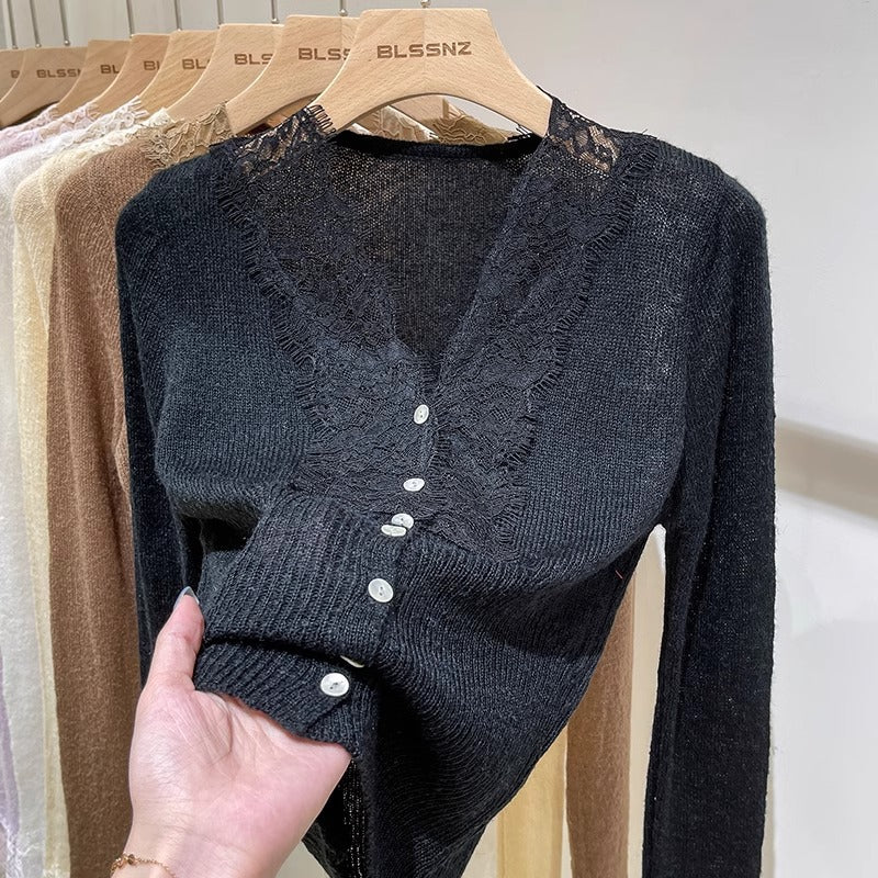 Women’s lace-trim knitted sweater top, long sleeves, button-front, dark