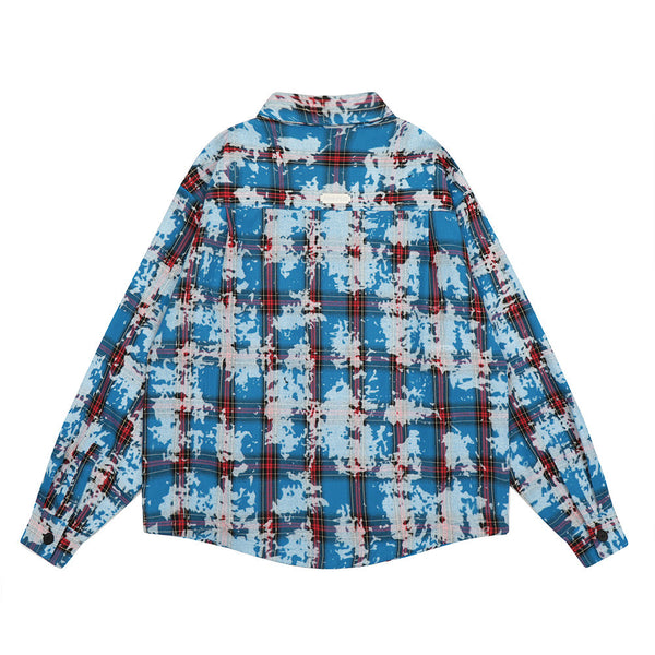 Distressed Tie-dyed Plaid Shirt Jacket For Men