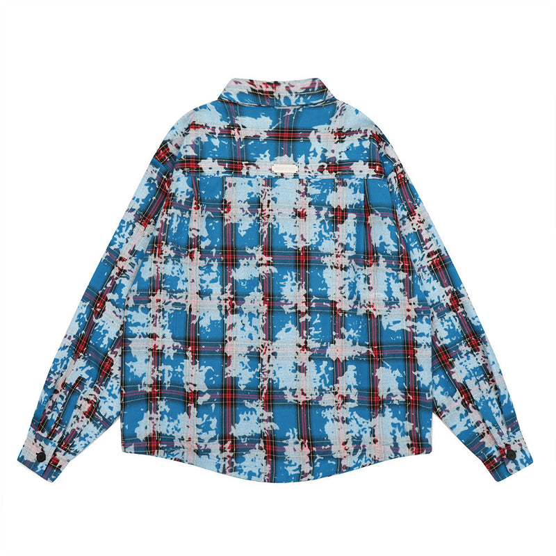 Distressed Tie-dyed Plaid Shirt Jacket For Men - WOMONA.COM