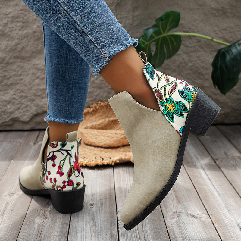 Flowers Printed Ankle Boots Fashion Side Zipper V- - WOMONA.COM