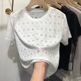 Camisa de gasa hueca de manga corta para mujer de talla grande con productos europeos