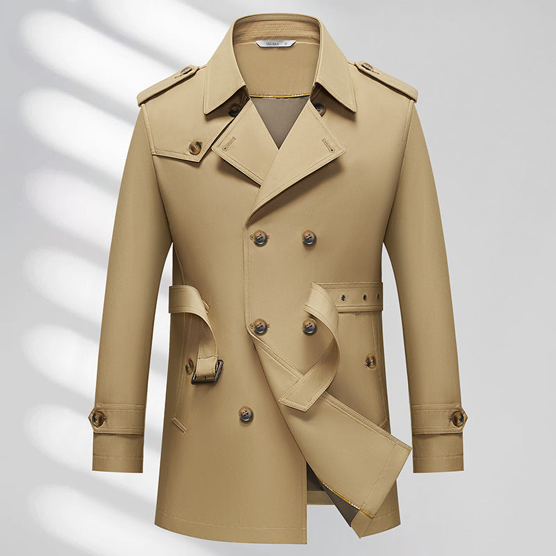 Men's business trench coat, light khaki double-breasted with belt and flap pockets