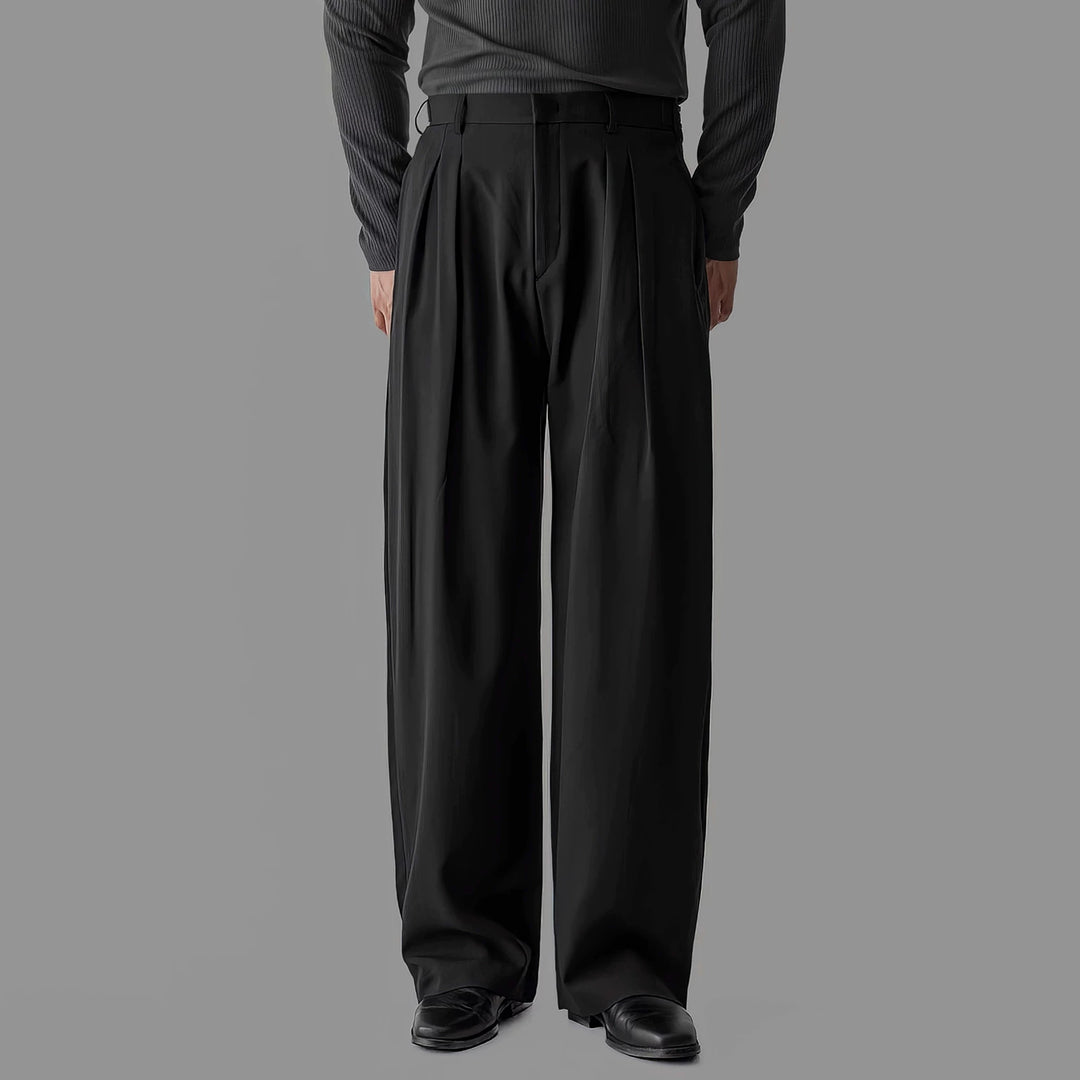 Men's black wide-leg casual pants with double pleat drape and belt loops