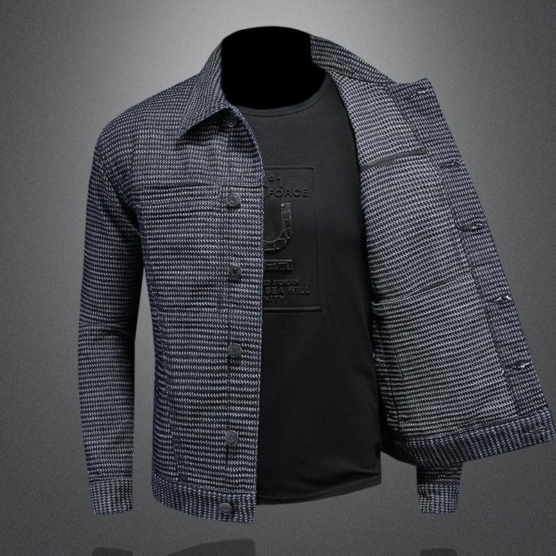 Men's dark denim coat jacket, button-up front with stand collar