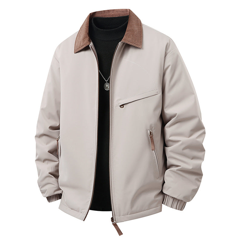 Mens waterproof padded lapel coat, light gray with black inner and tan-brown collar