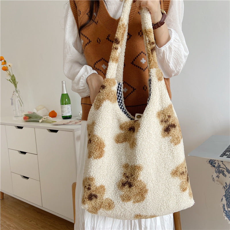 Cute Bear Print Winter Lamb Shoulder Bag - WOMONA.COM