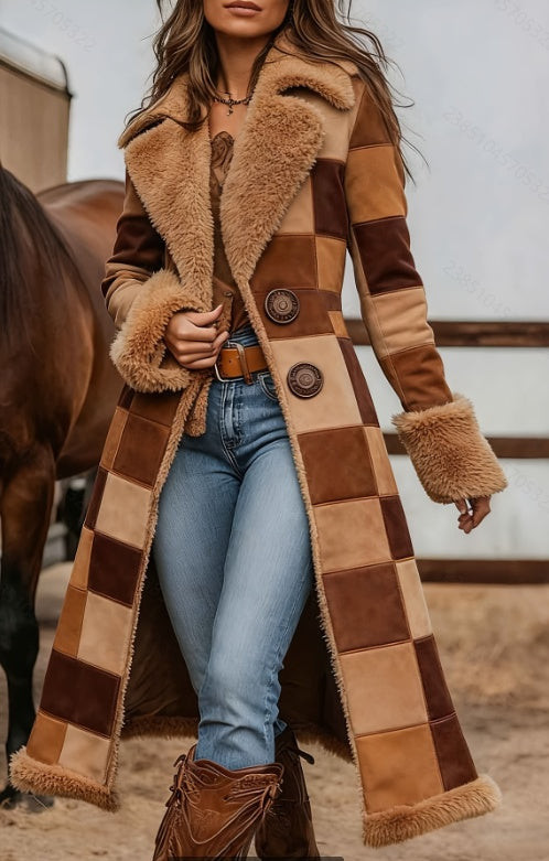 Women’s long wool overcoat with brown patchwork squares and faux fur collar