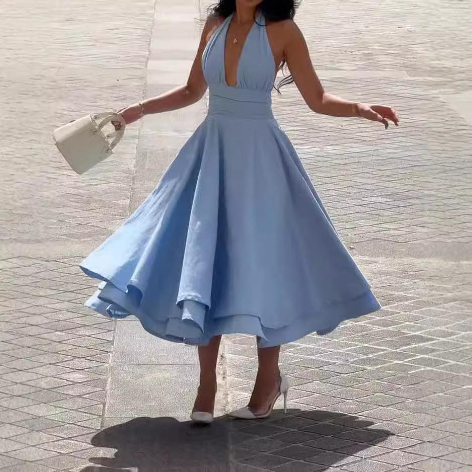 Fashion Casual Halter Solid Color Dress - WOMONA.COM
