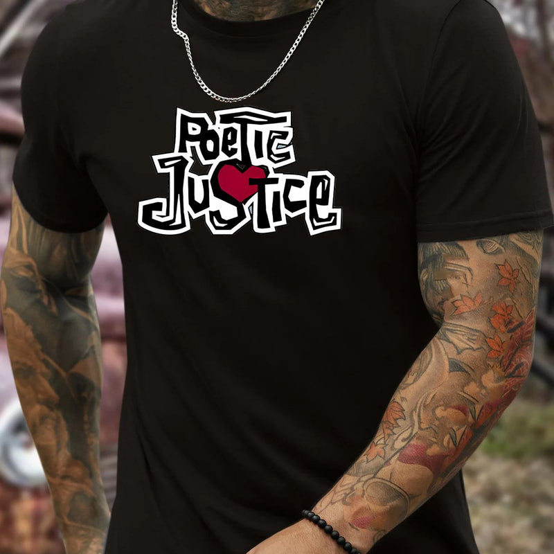 POETIC JUSTICE Letter Printed Round Neck Short Sleeved T-shirt For Men, Casual Summer T-shirt, Suitable For Daily Wear And Vacation Destinations