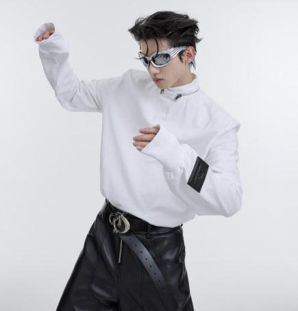 Zip-up Stand-up Collar Shoulder Pad Base Shirt - WOMONA.COM