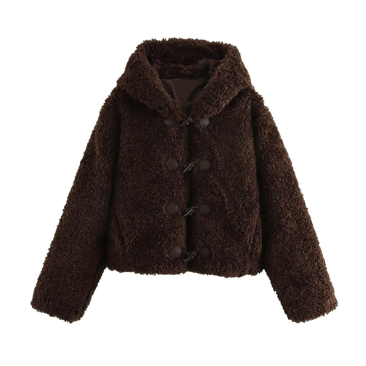 Brown faux fur hooded coat with toggle buttons and front opening