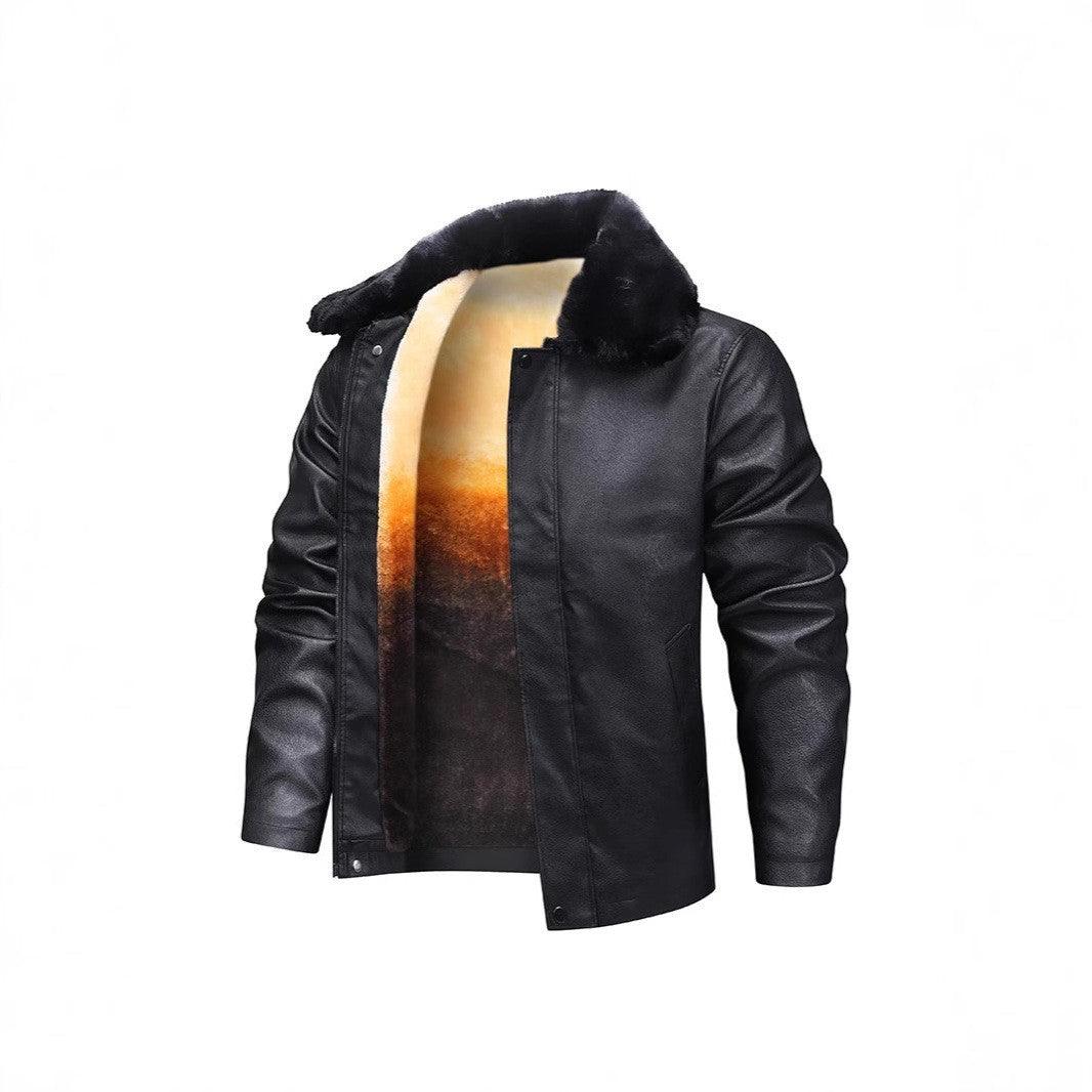 Men’s black leather jacket with faux-fur hood and zip closure, side profile view
