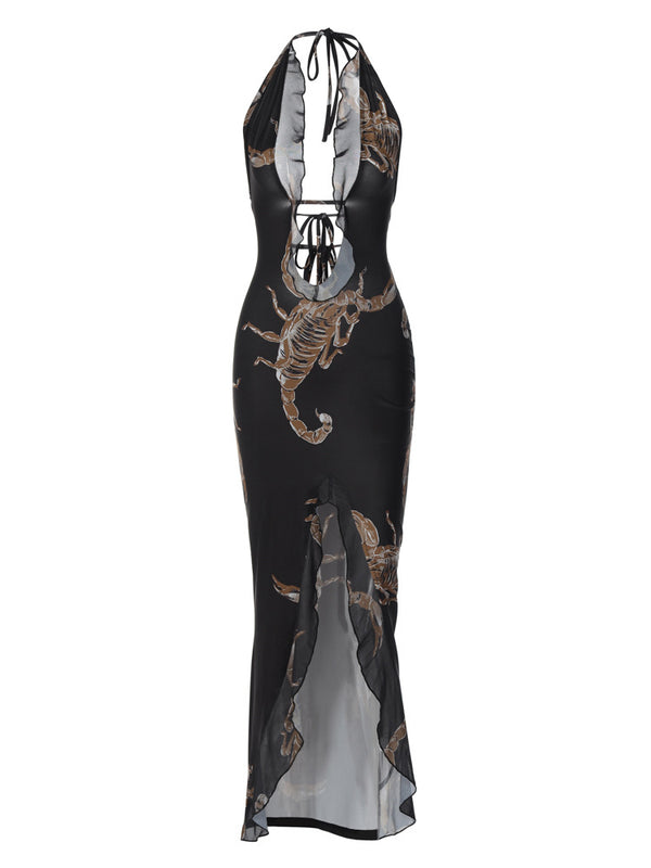 Women's Fashion Printed Halter Strap Long Dress - WOMONA.COM