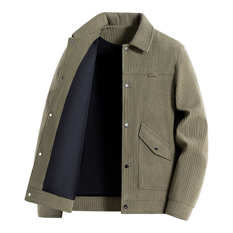Men's ribbed knit coat open front with lining and flap pocket detail, bean green