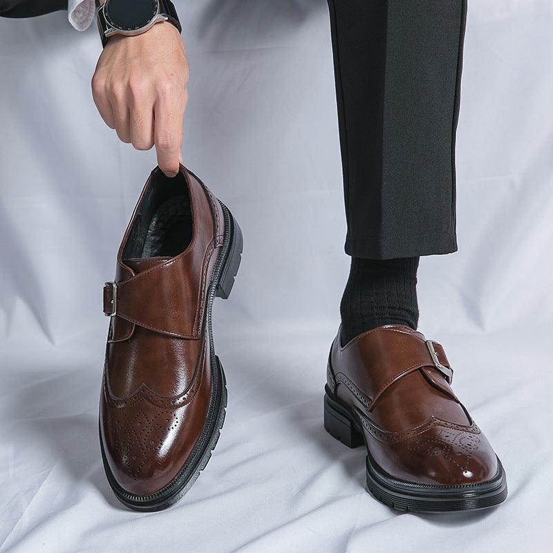Brown leather loafer shoes with buckle strap and perforated toe
