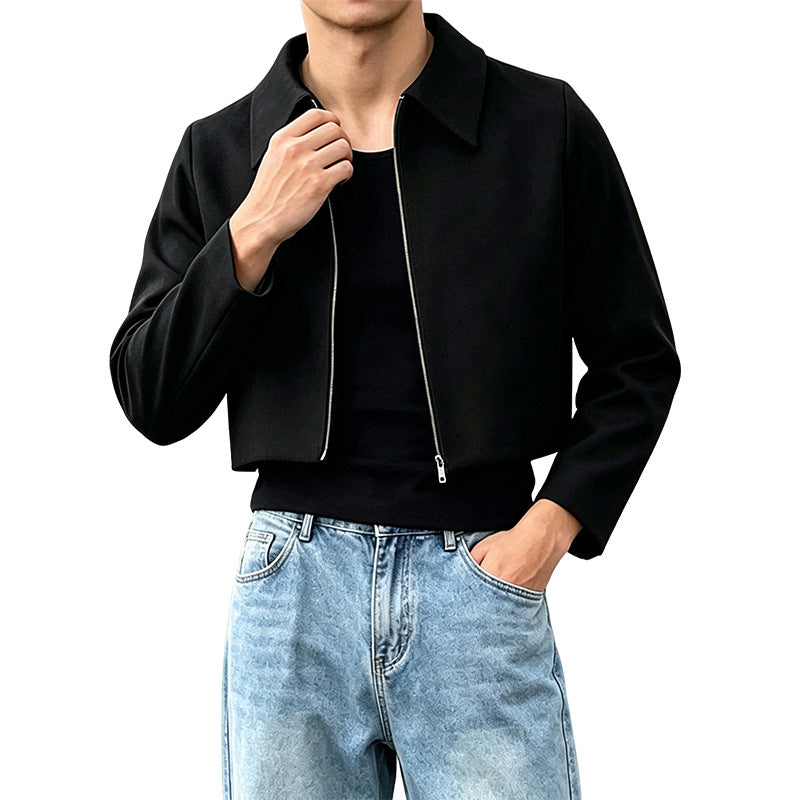 Men's black lapel jacket with front two-way zipper and long sleeves