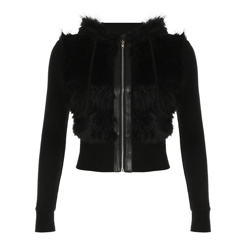 Furry Sunken Stripe Stitching Hooded Coat For Women - WOMONA.COM