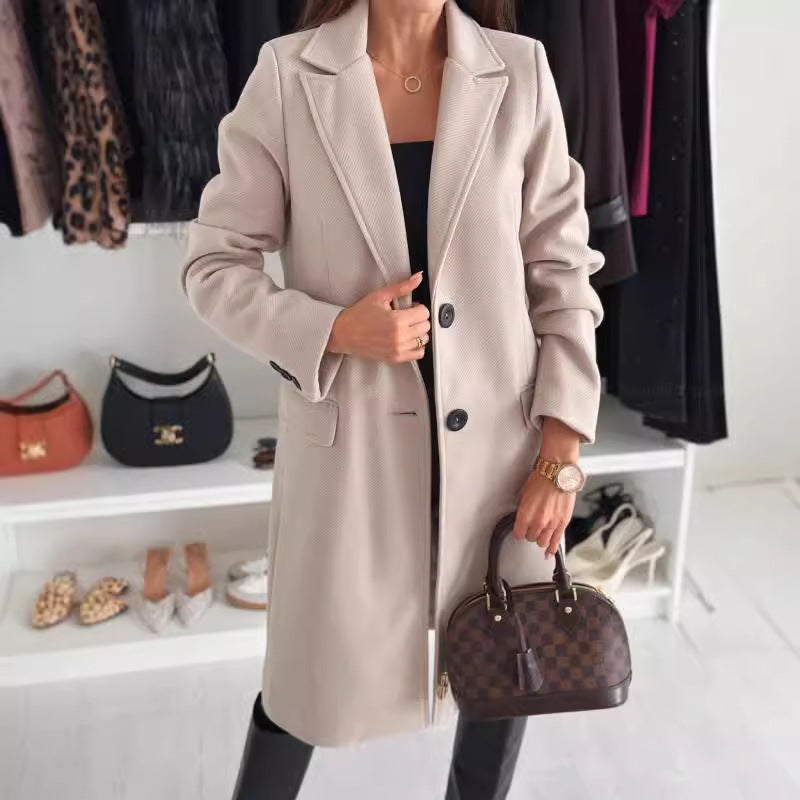 Simplicity Long Sleeve Solid Color Single-breasted Woolen Coat - WOMONA.COM