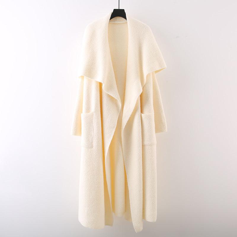 Cream knit cardigan coat with shawl collar, open front, long draped fit