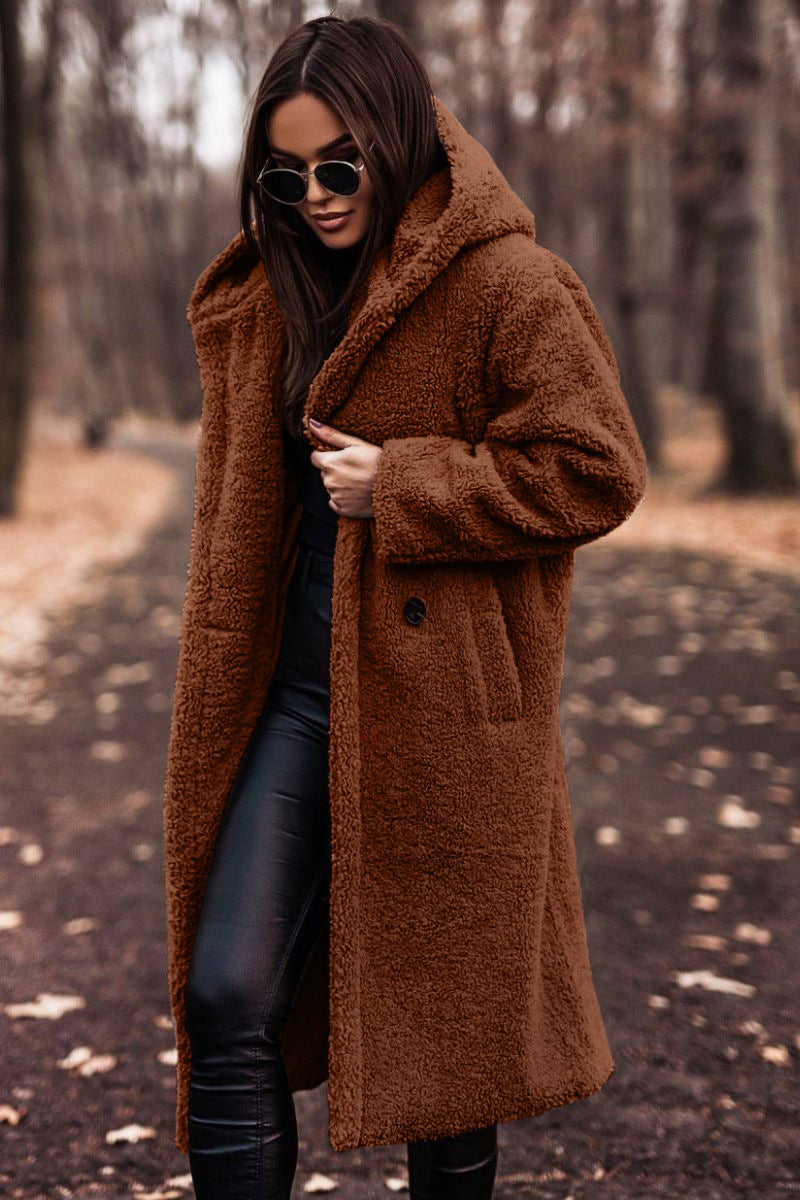 Women's hooded long teddy coat