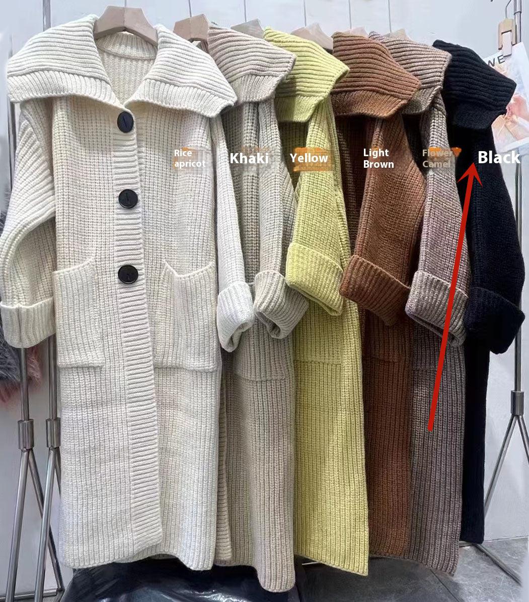 Assorted thick shawl-collar knitted cardigans in cream, green, khaki, brown, and black