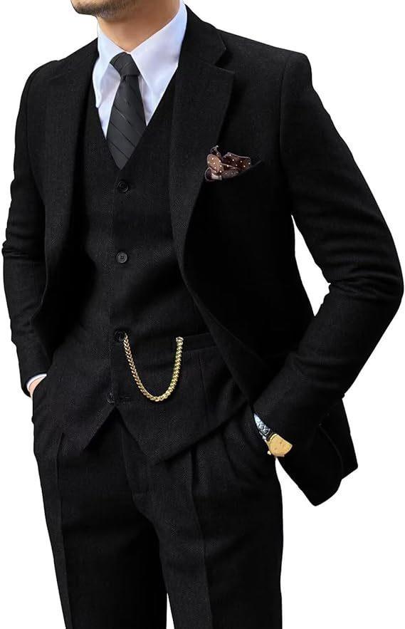 Men's slim fit herringbone suit in black, 3-piece jacket, vest, and trousers