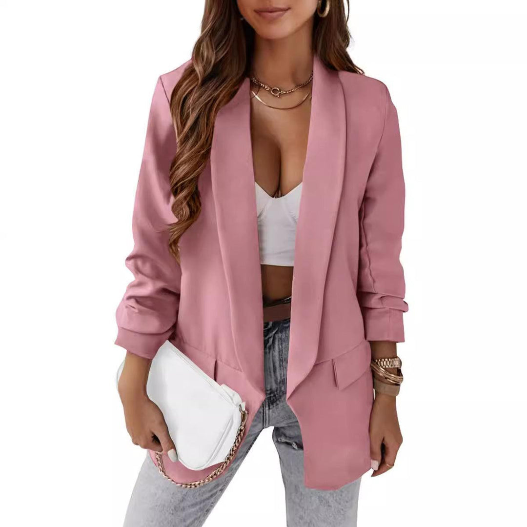 Pink slim fit suit jacket with notch lapels and long sleeves