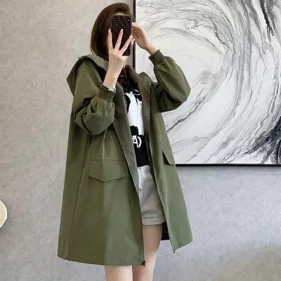 Mid-length loose army green coat with patch pockets and long sleeves