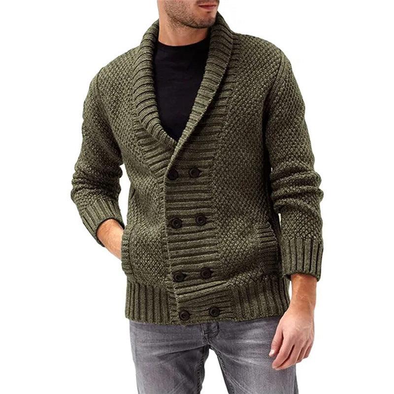 Men's long sleeve lapel cardigan sweater in olive green knit with button front and ribbed hem