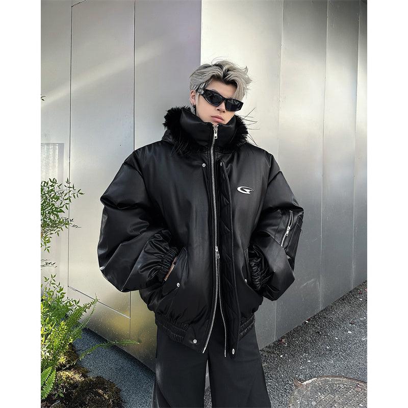 Black hooded PU leather coat jacket with faux-fur trimmed hood and front zip