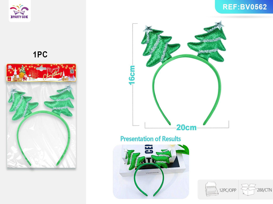 Green Christmas headband with glitter tree decorations and small star accents