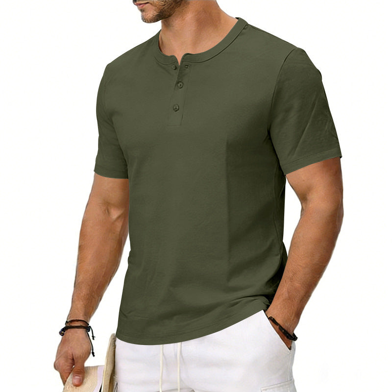 Men's dark olive crew-neck henley T-shirt with short sleeves and button placket
