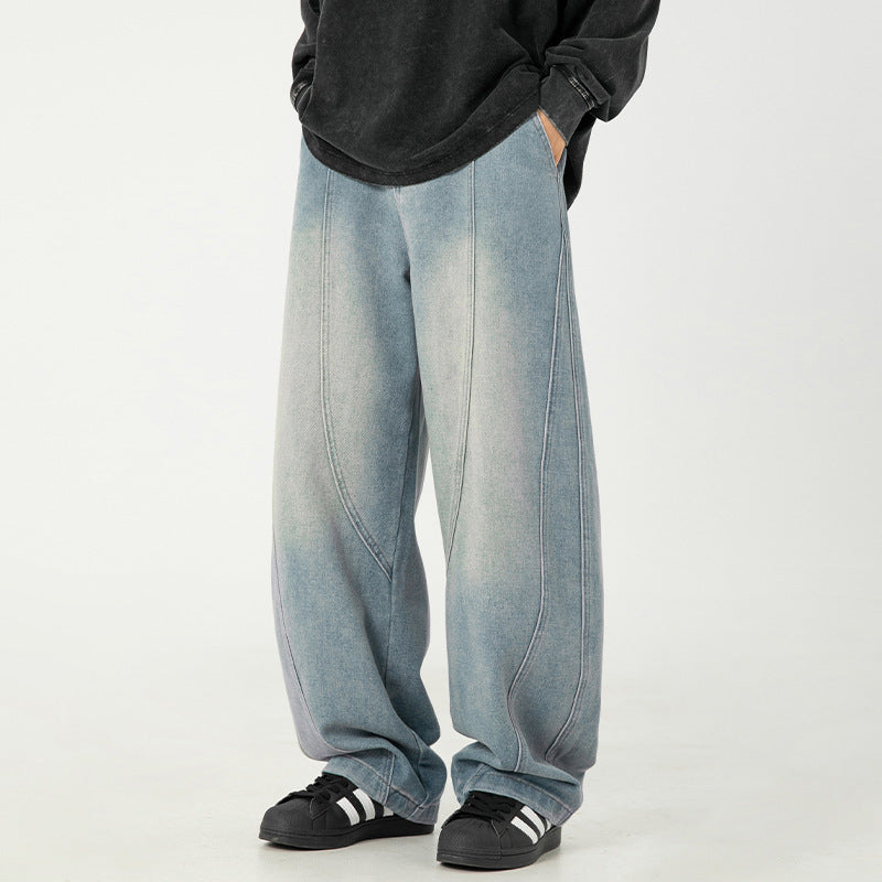 Wide-leg Washed Denim Jeans Mens Loose Casual Pants