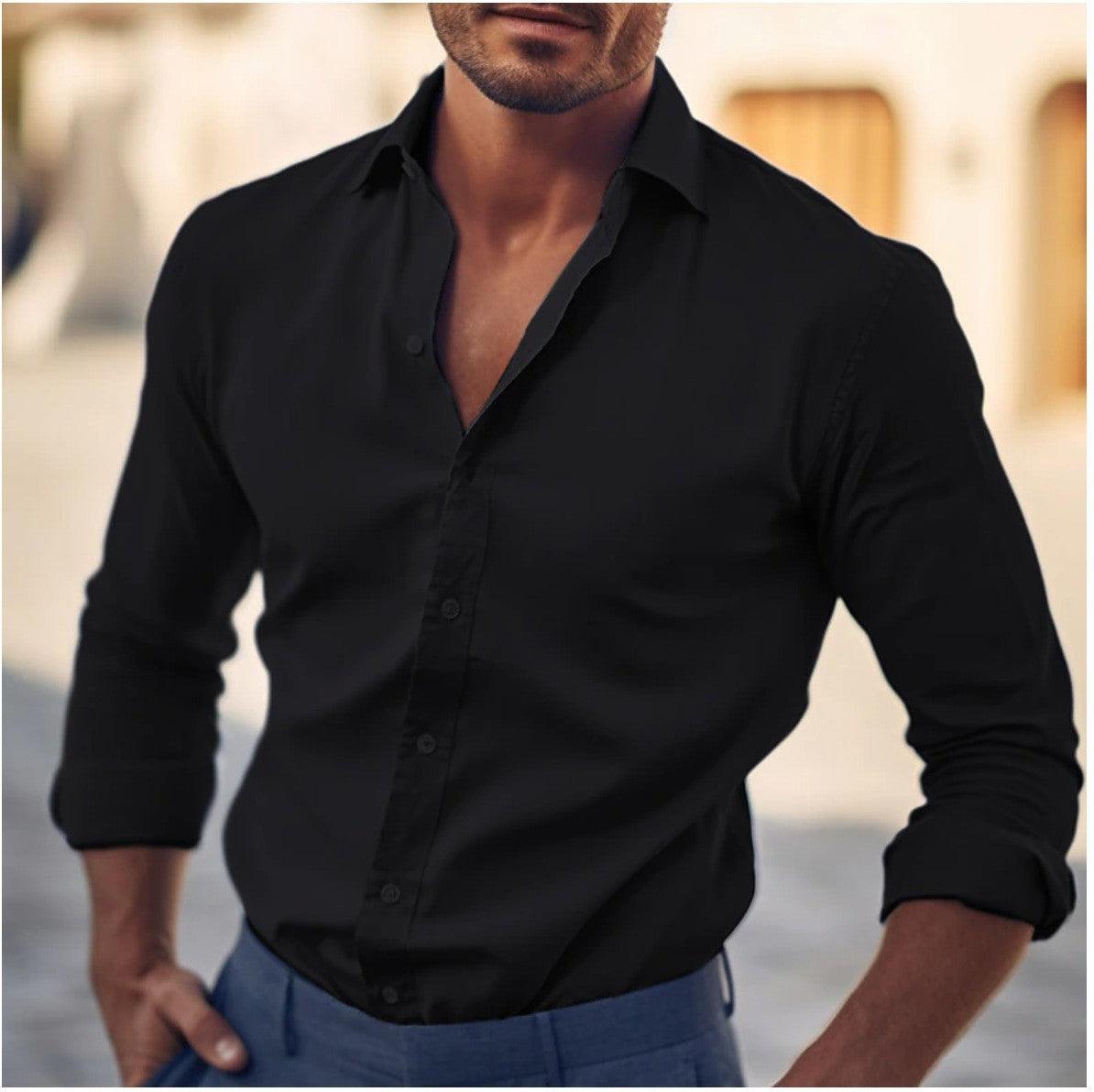 Men's business-casual dress shirt, black button-up with 3/4 rolled sleeves