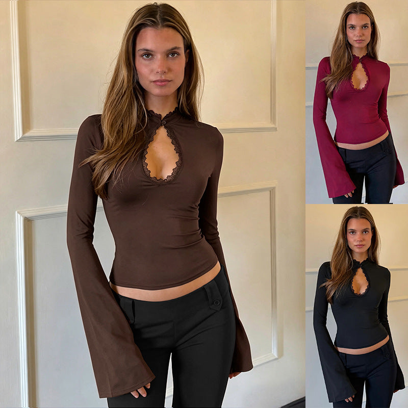 Women's Slim Lace-Trim Top with Flared Sleeves