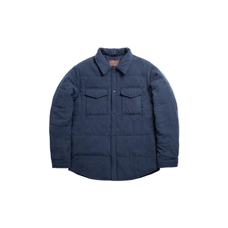Men's navy blue padded coat with stand collar, snap buttons, and two chest flap pockets
