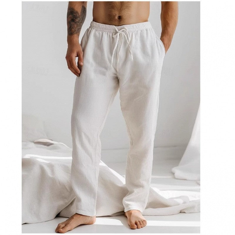 Men's loose straight-leg trousers in white with elastic drawstring waist